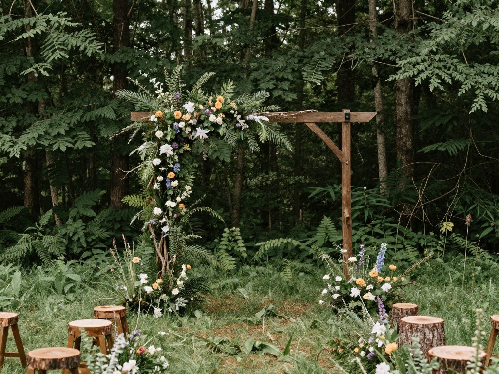 Outdoor wedding ceremony with natural wood and branch decorations