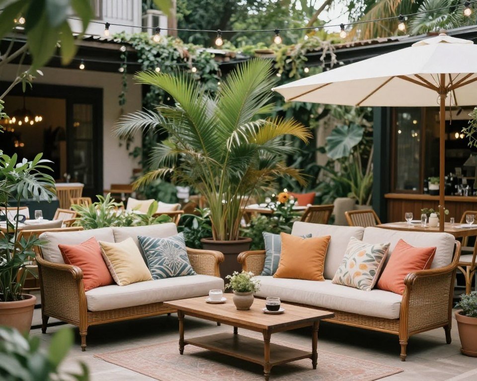 Outdoor wedding lounge area with comfortable seating and decorations