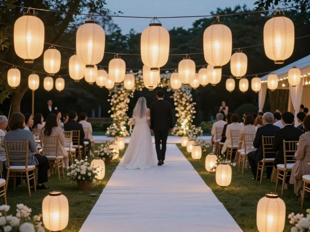 Outdoor wedding pathway lined with simple paper lanterns Outdoor wedding pathway lined with simple paper lanterns