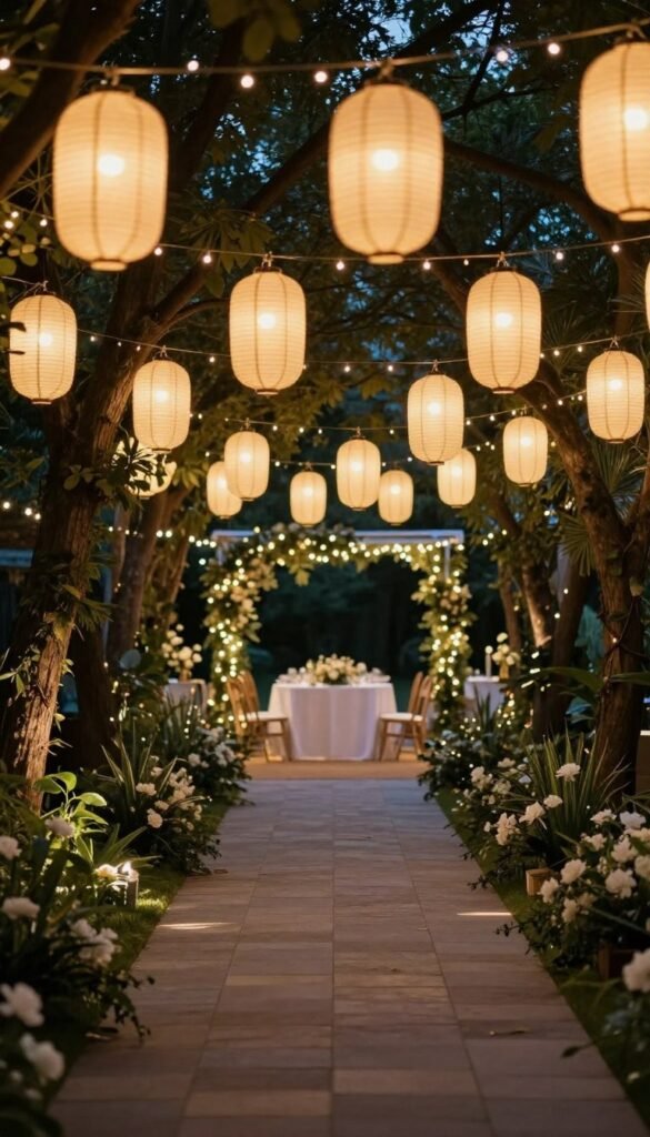 Outdoor wedding pathway lit with luminarias and string lights