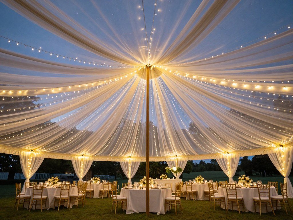 Outdoor wedding reception tent with fairy lights woven through fabric