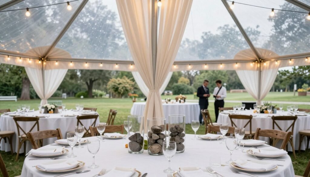 Outdoor wedding reception tent with weighted decorations