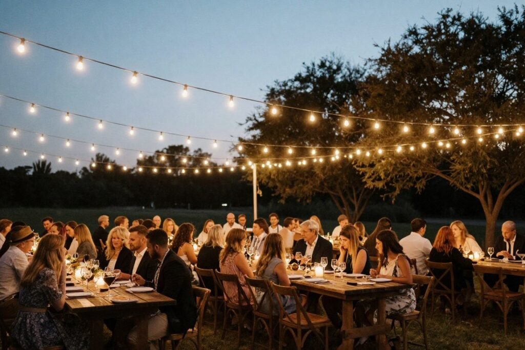 Outdoor wedding reception with bistro lights overhead