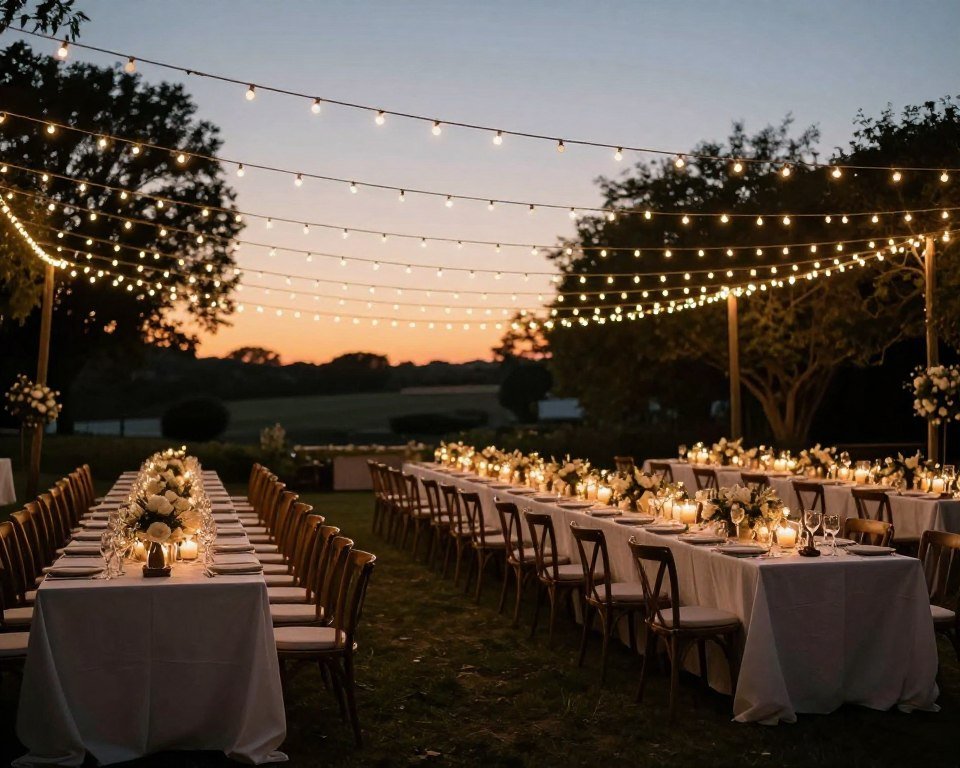Outdoor wedding reception with string lights creating a canopy over long tables