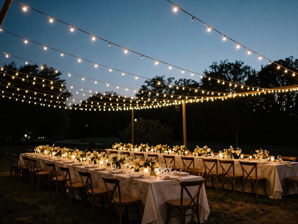 Outdoor wedding reception with string lights creating a magical atmosphere