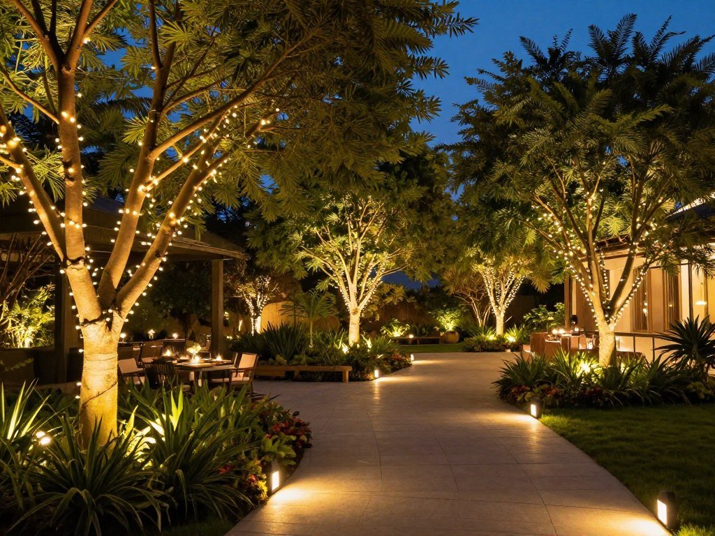 Outdoor wedding venue with illuminated trees and pathway lighting