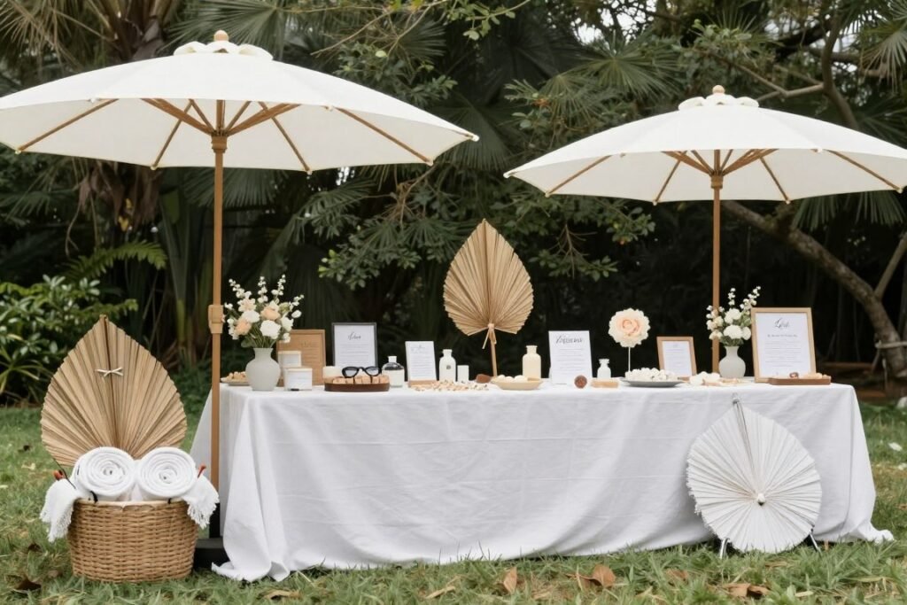 Outdoor wedding with decorative umbrellas and weather amenities