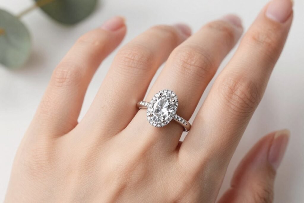 Oval diamond engagement ring on hand Oval diamond engagement ring on hand