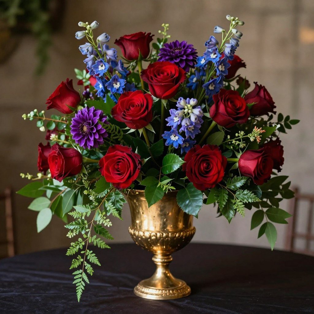 Overflowing jewel tone centerpiece with mixed flowers in gold compote vase Overflowing jewel tone centerpiece with mixed flowers in gold compote vase