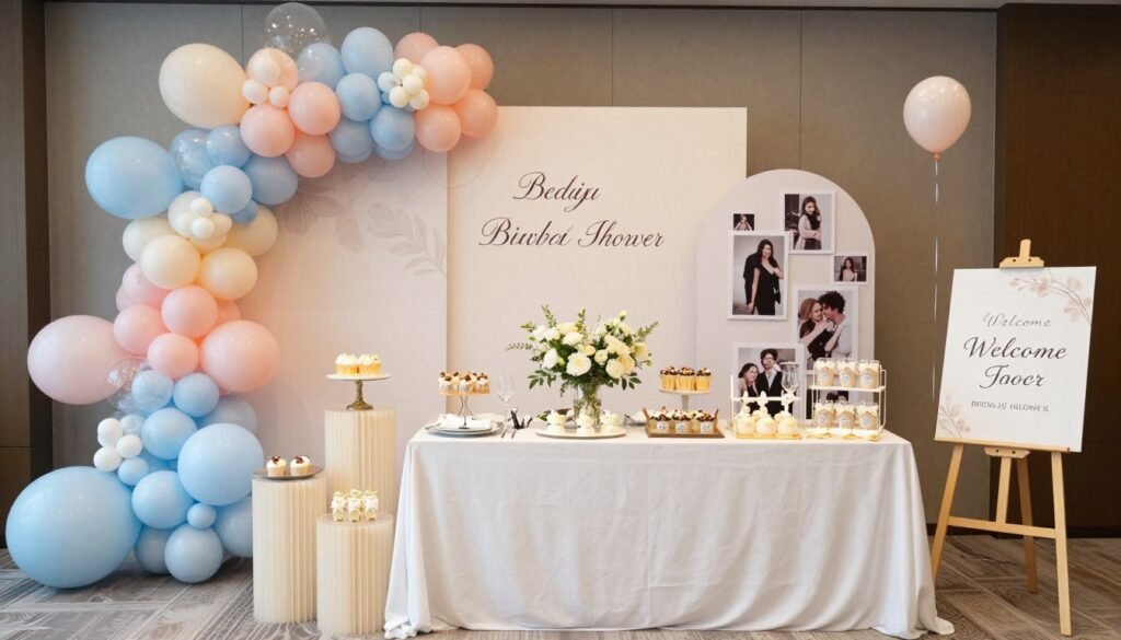 Overview of various bridal shower decoration categories including table settings, balloons, and backdrops