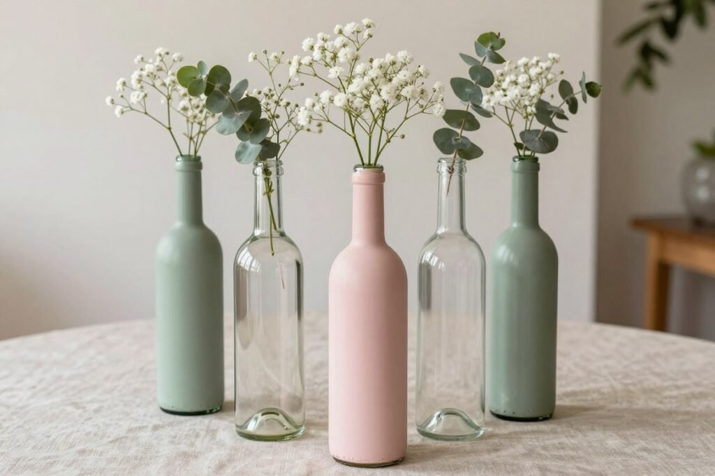 Painted wine bottle vases with simple flowers as budget-friendly wedding table decorations