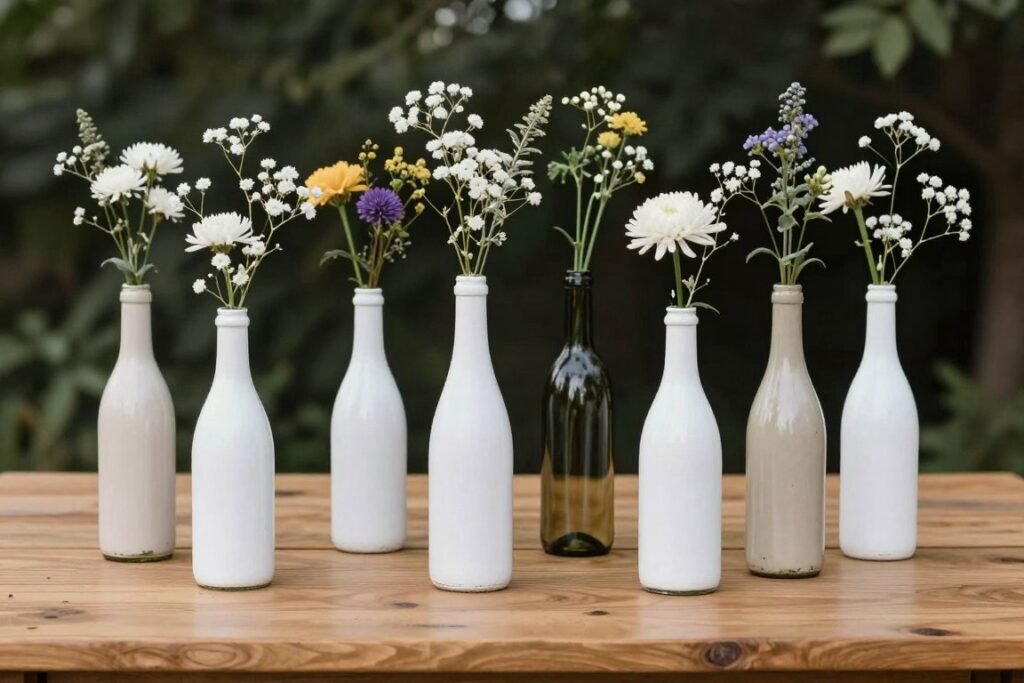 Painted wine bottles used as simple flower vases on rustic wedding tables