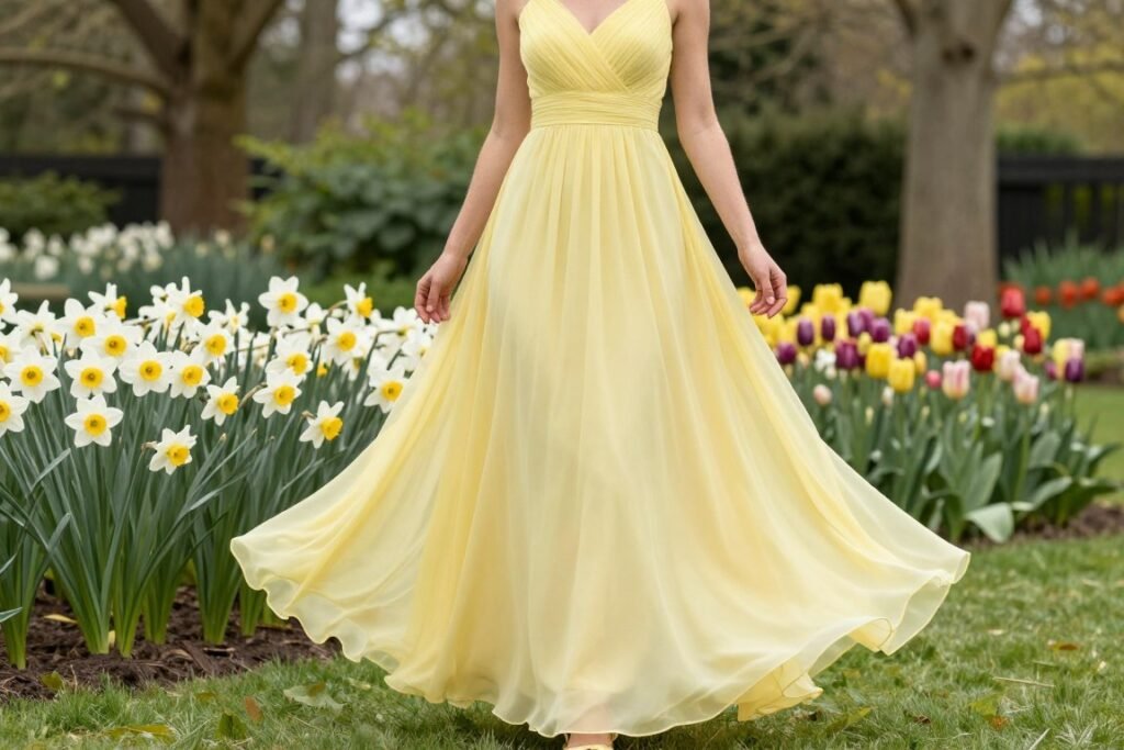 Pale yellow spring bridesmaid dress on model