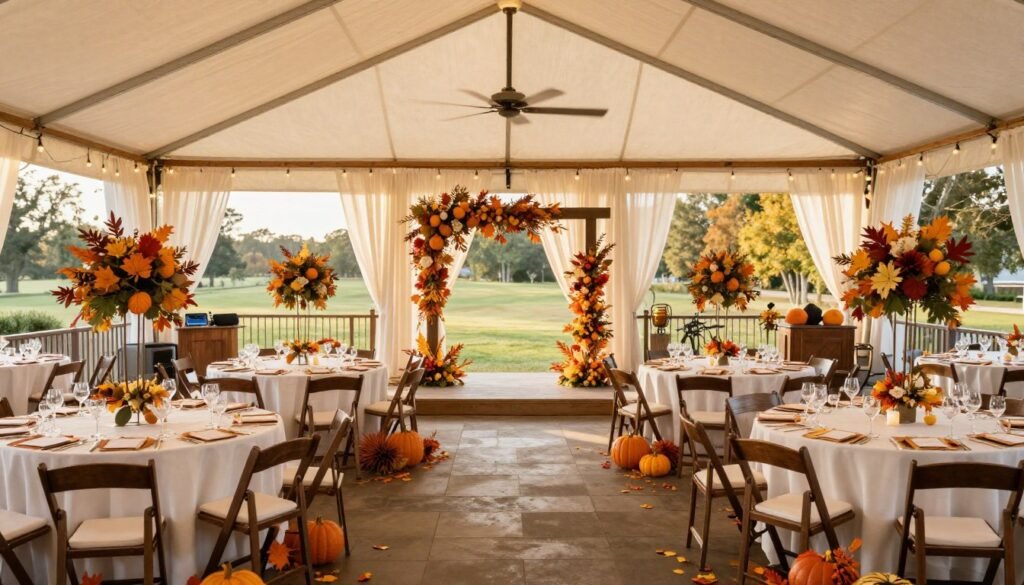 Panoramic view of a complete fall wedding setup showing ceremony and reception areas Panoramic view of a complete fall wedding setup showing ceremony and reception areas