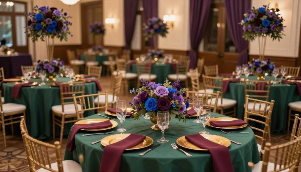 Panoramic view of a complete wedding reception decorated with cohesive jewel tone elements Panoramic view of a complete wedding reception decorated with cohesive jewel tone elements