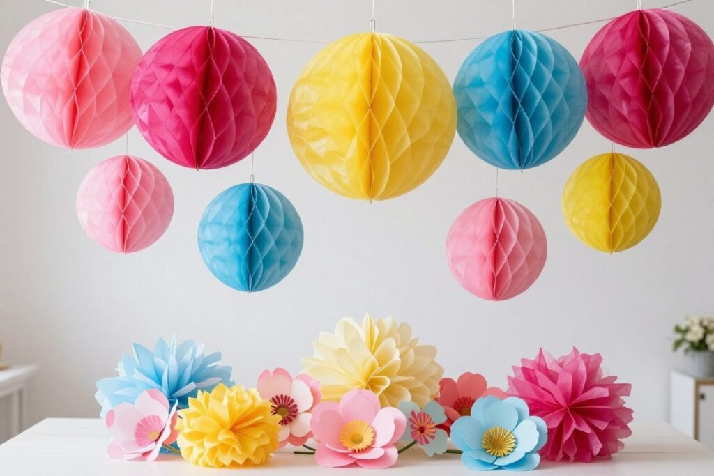 Paper flower and pom-pom decorations for bachelorette party Paper flower and pom-pom decorations for bachelorette party