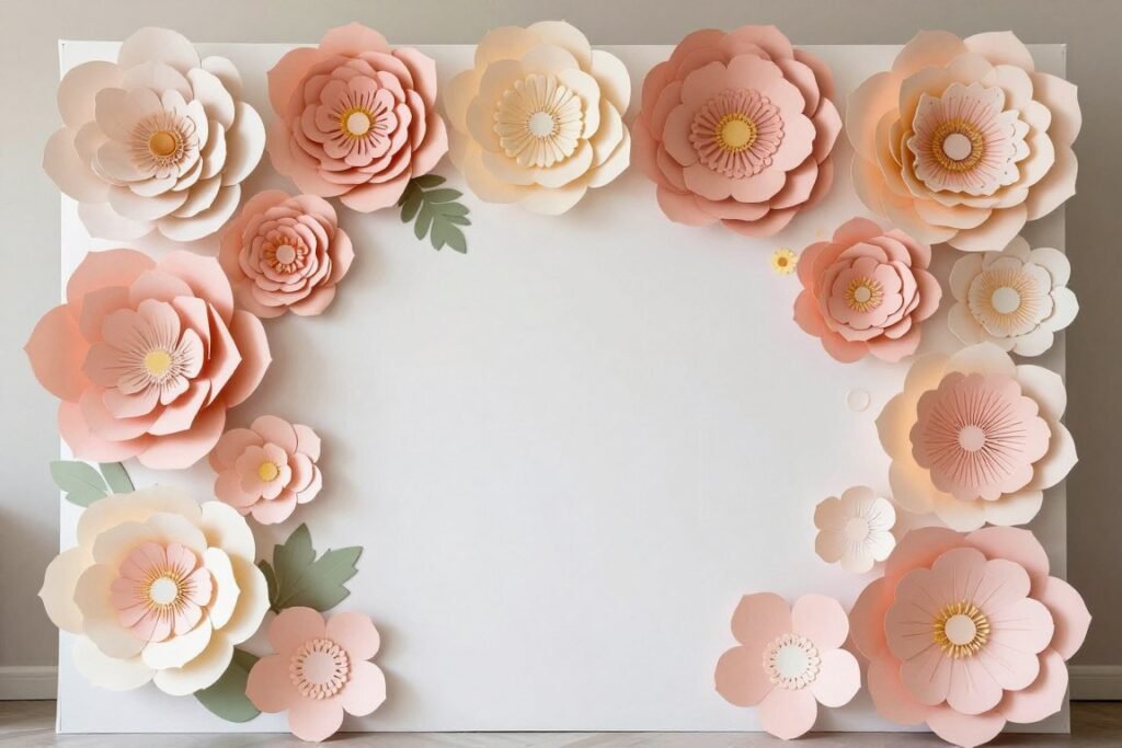 Paper flower backdrop decoration in pastel colors for a baby shower