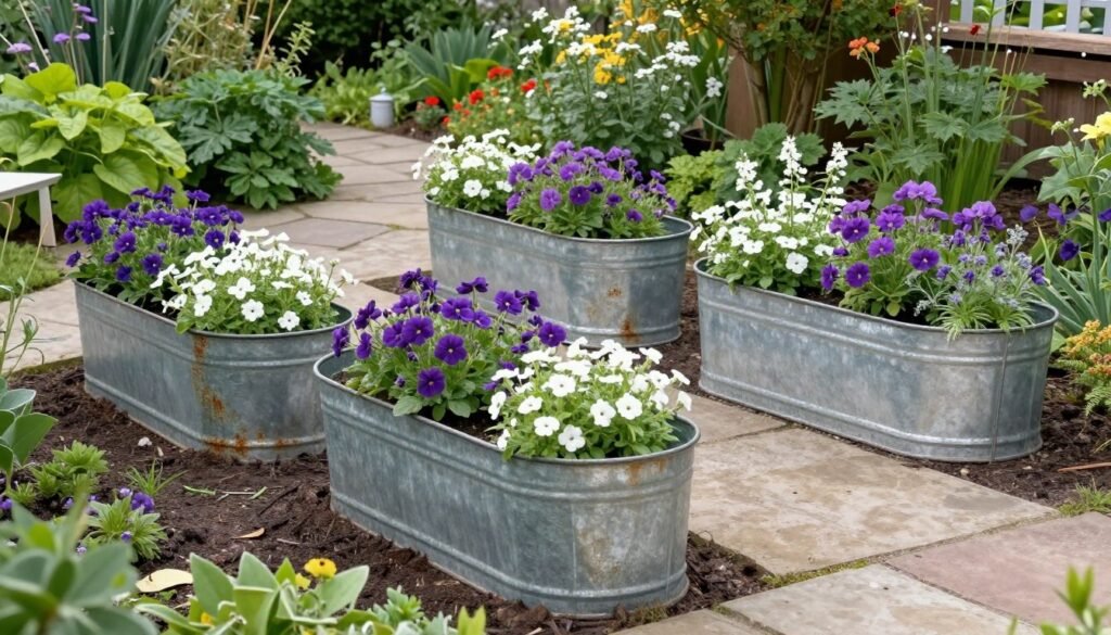 Partially buried wash tub planters integrated into a garden landscape with flowers