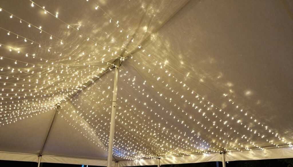 Party tent ceiling decorated with string lights creating a starry effect
