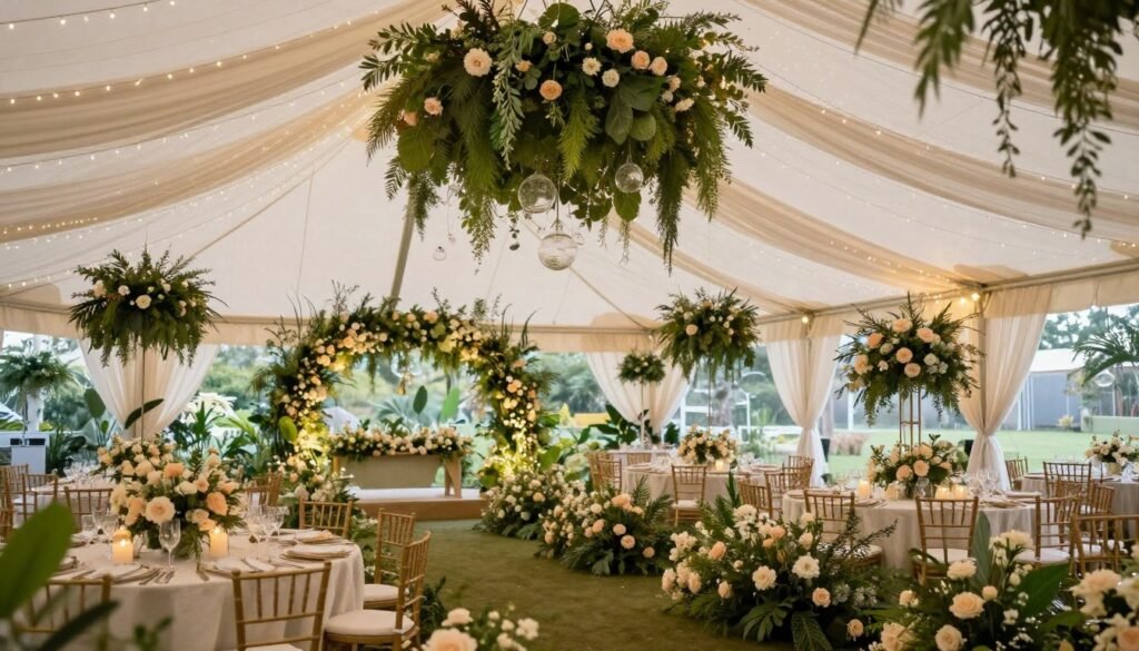 Party tent decorated as an enchanted garden with greenery and soft lighting