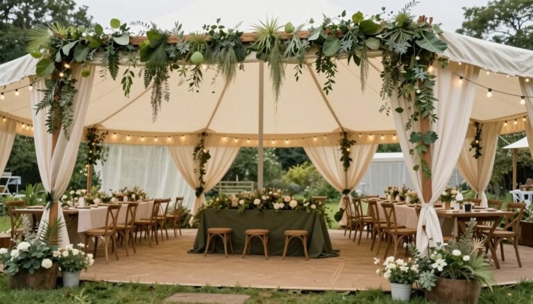 Party tent decorated with a rustic garden theme featuring greenery and soft lighting