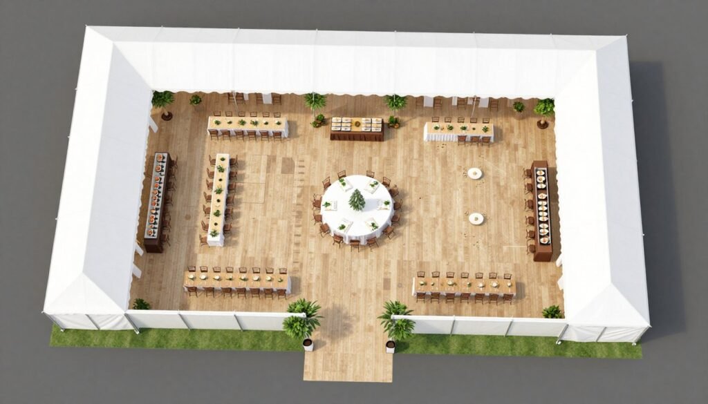 Party tent floor plan layout showing table arrangements and decoration placement