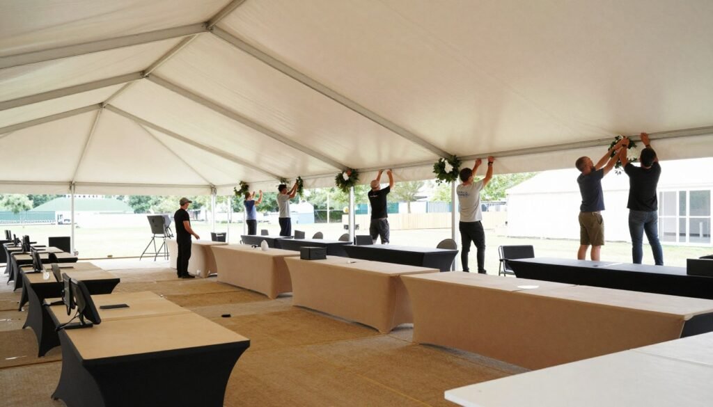 Party tent setup in progress showing organized installation process