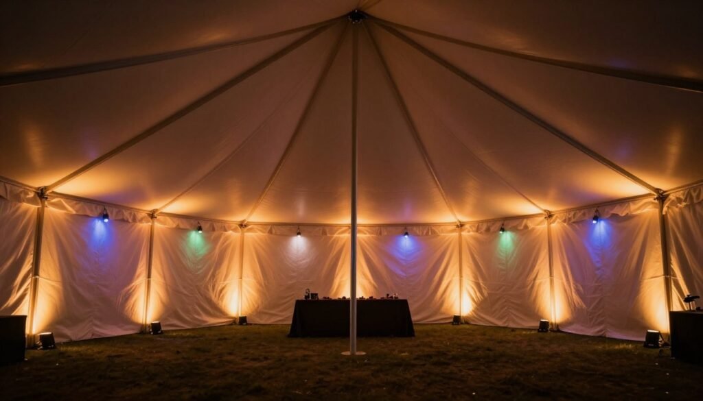 Party tent with colored uplighting creating a warm atmosphere
