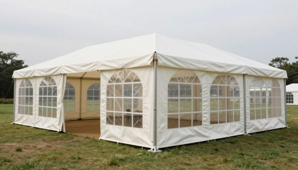 Party tent with elegant sidewalls providing weather protection