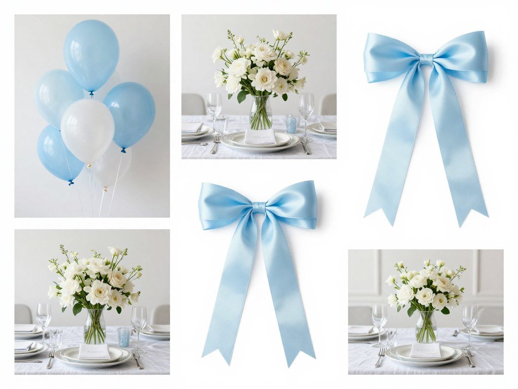 Pastel blue and white bridal shower color palette with sample decorations