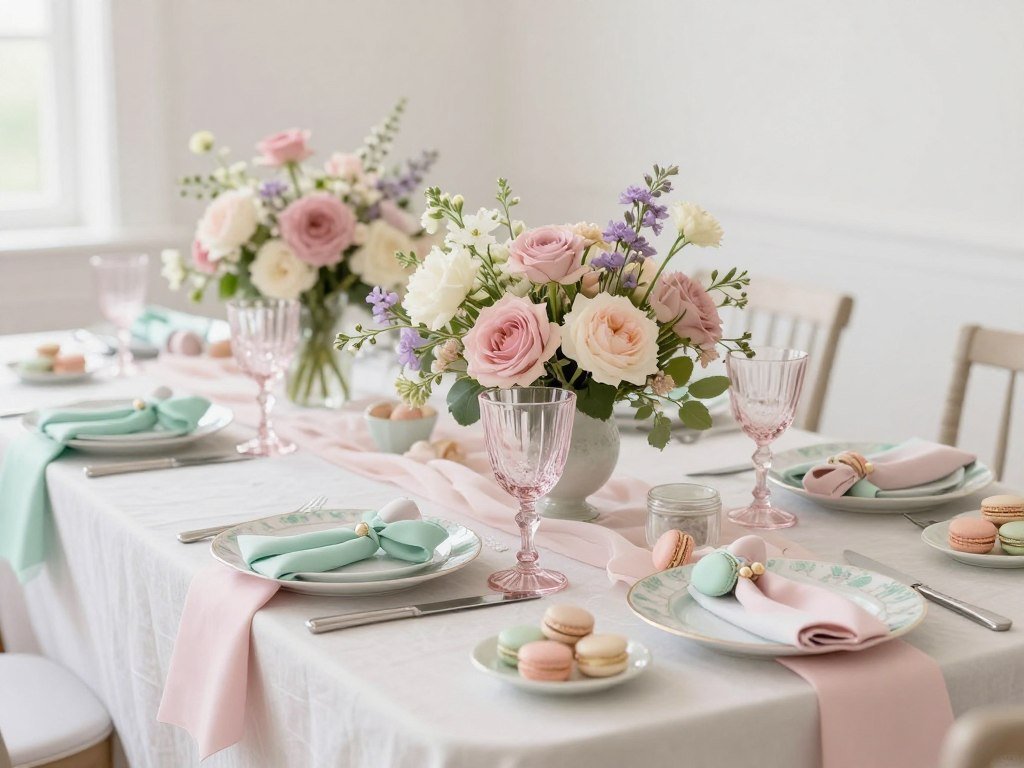 Pastel-themed bridal shower table with blush pink, mint green, and lavender decorations and flowers