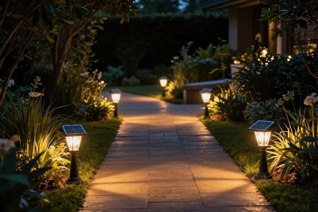 Pathway lighting at a backyard wedding