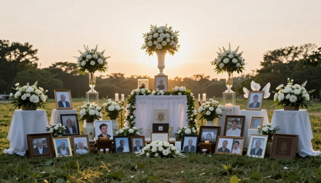 Peaceful memorial service setting with thoughtful decorations creating a meaningful atmosphere