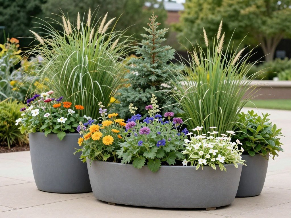 Perennial combinations in large outdoor planters showing year-round interest