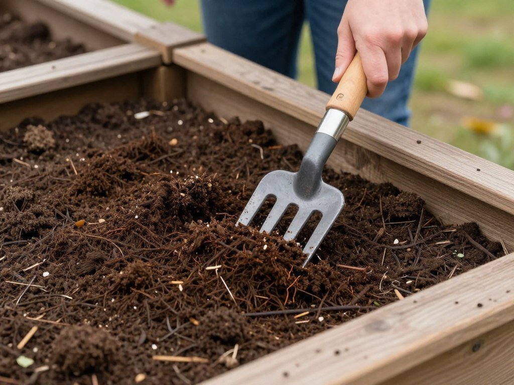 Person adding compost to a raised planter box between growing seasons