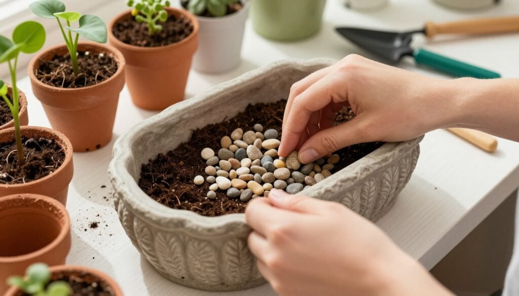 Person adding drainage material to the bottom of a spring planter before adding soil
