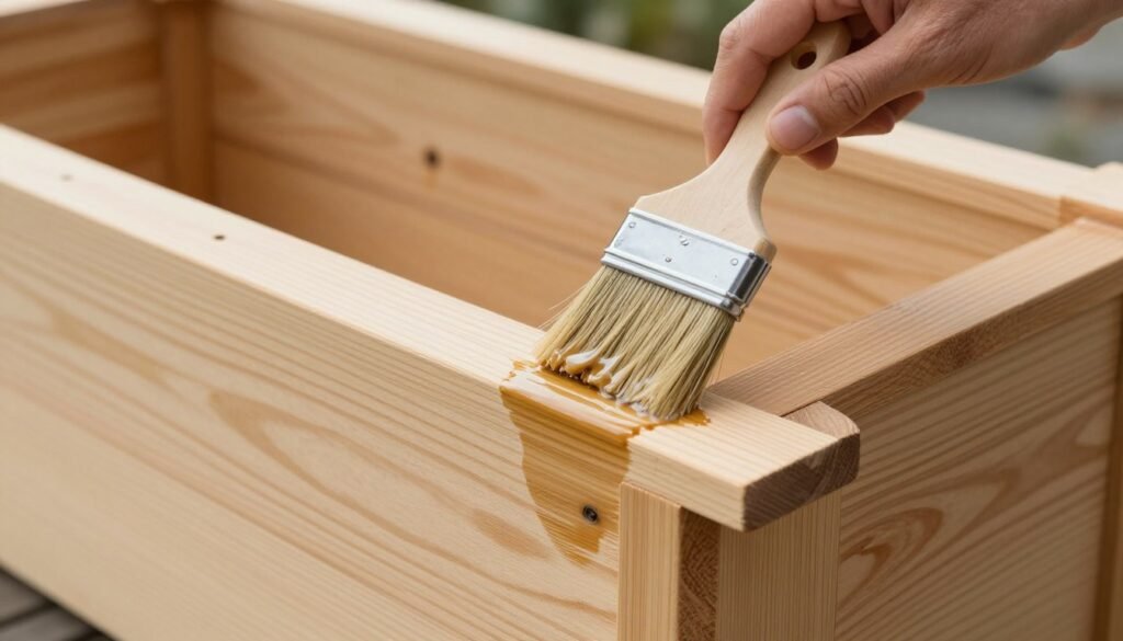 Person applying wood sealer to a planter box for weather protection Person applying wood sealer to a planter box for weather protection