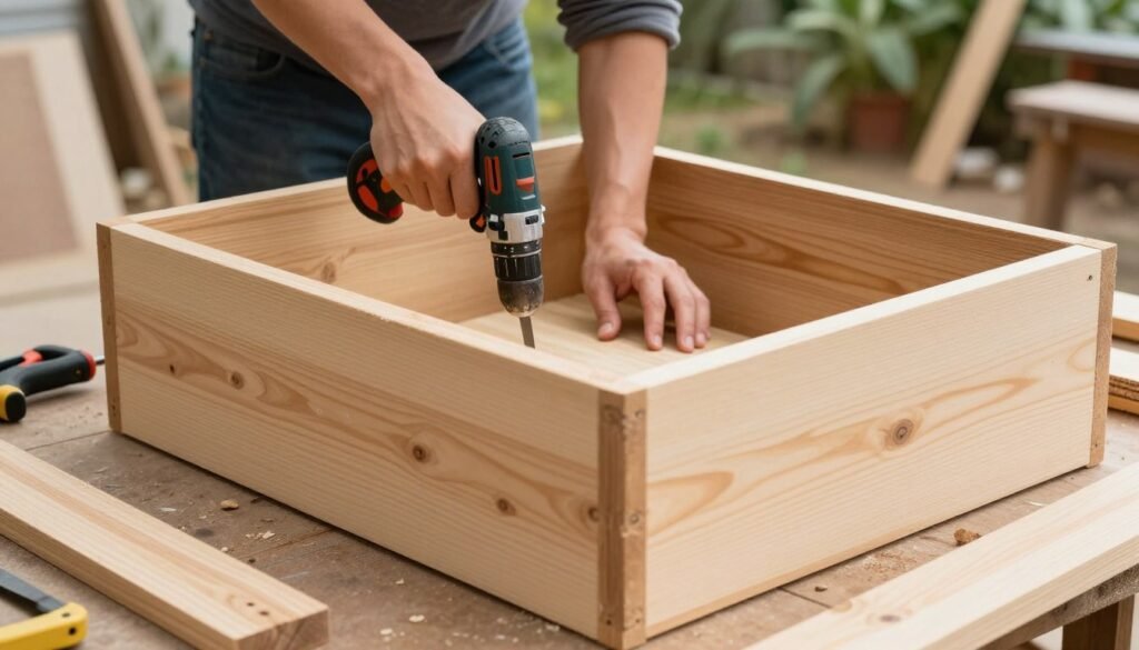 Person building a wooden planter box with tools and lumber Person building a wooden planter box with tools and lumber
