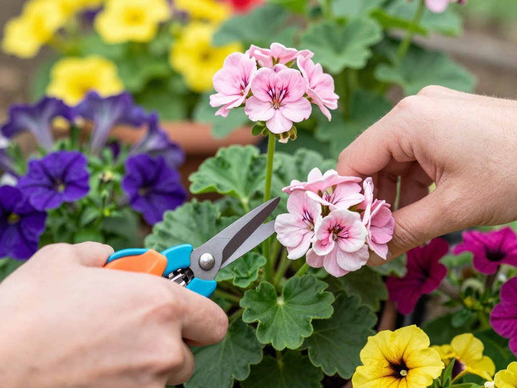 Person deadheading spent flowers in a container garden