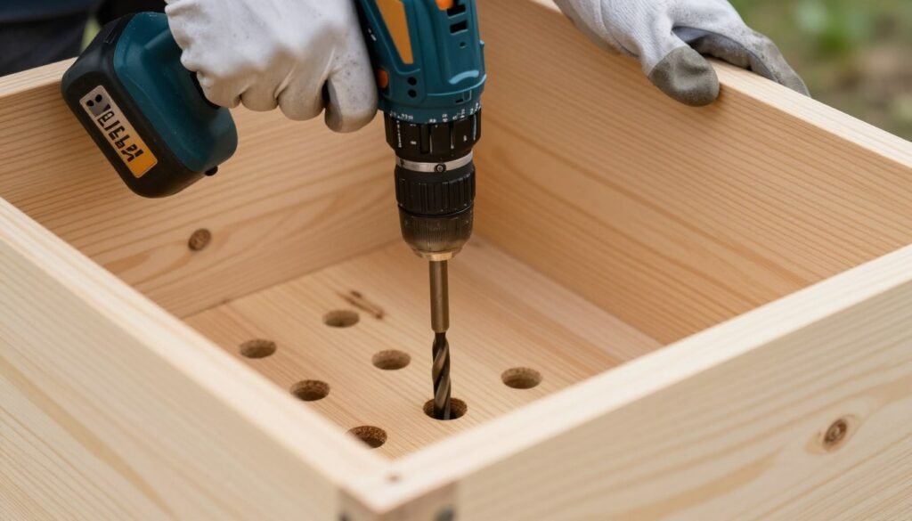 Person drilling drainage holes in the bottom of a wooden planter box Person drilling drainage holes in the bottom of a wooden planter box