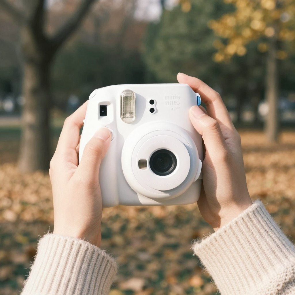 Person holding instant camera taking a polaroid photo outdoors Person holding instant camera taking a polaroid photo outdoors
