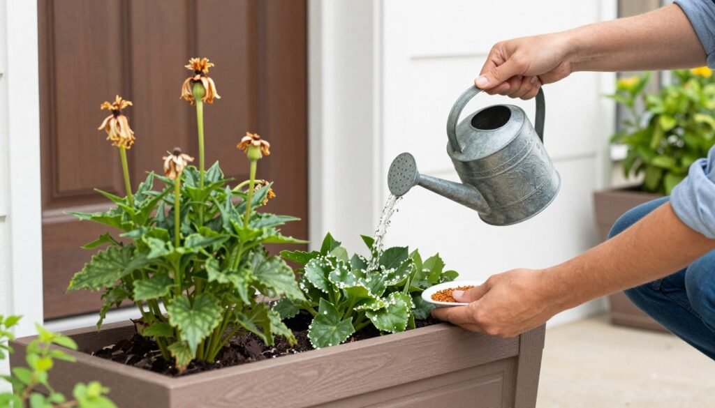 Person maintaining front door planters by watering, deadheading, and fertilizing