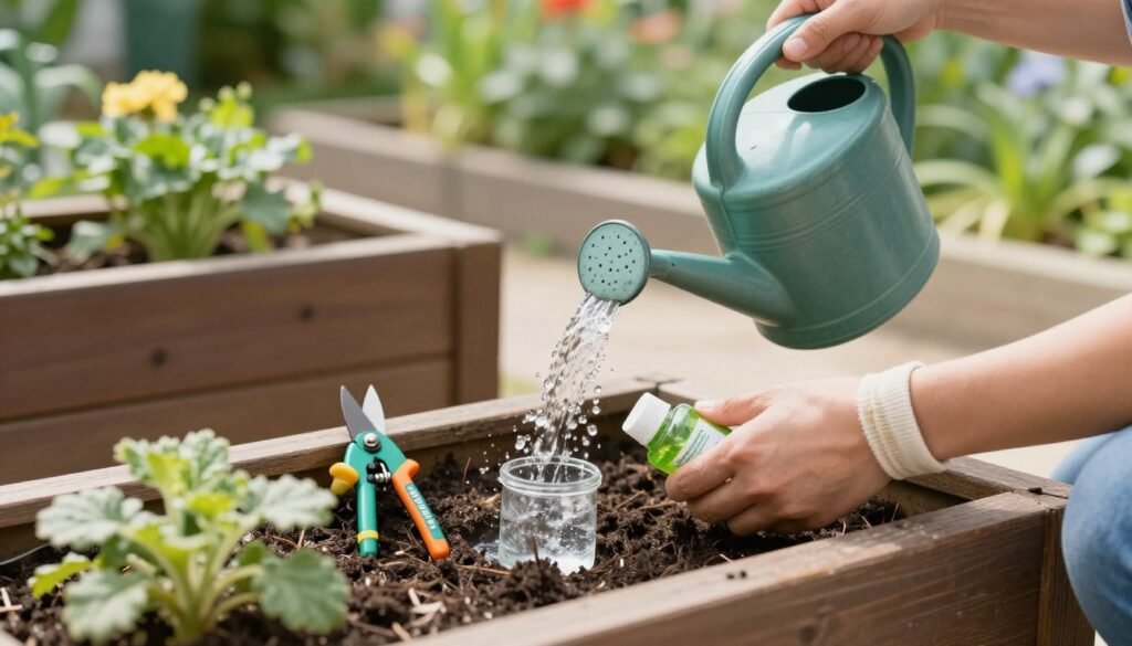 Person maintaining planter boxes by watering, pruning, and fertilizing plants Person maintaining planter boxes by watering, pruning, and fertilizing plants