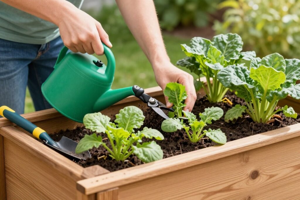 Person maintaining plants in a wooden planter box