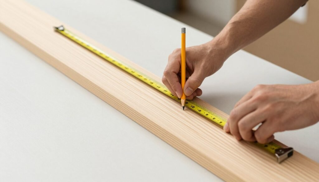 Person measuring and marking cedar boards for a DIY raised planter box