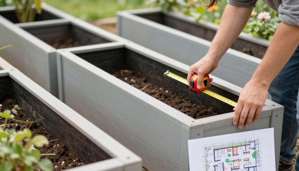 Person measuring and planning planter box placement in a garden Person measuring and planning planter box placement in a garden
