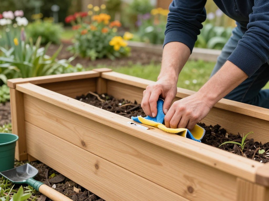Person performing maintenance on a cedar planter box Person performing maintenance on a cedar planter box