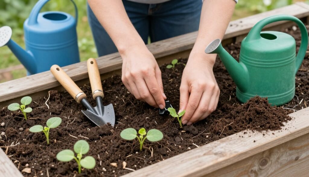 Person planting vegetables in a raised planter box with soil and tools nearby Person planting vegetables in a raised planter box with soil and tools nearby