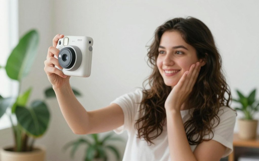 Person taking selfie with instant camera using mirror Person taking selfie with instant camera using mirror