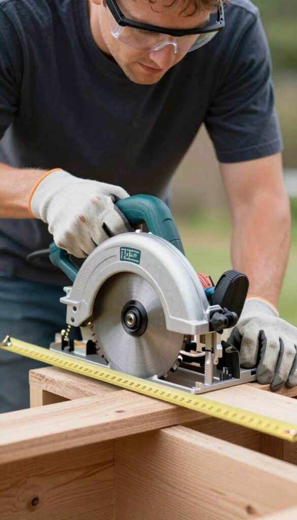 Person using a circular saw to cut lumber for the planter box